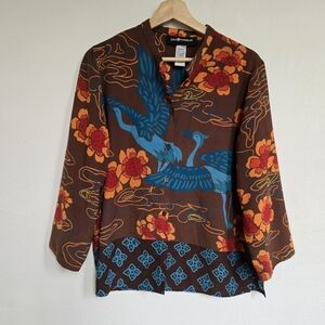 Sag Harbor Boho Button Front Top Small Brown Retro Floral Bird Print